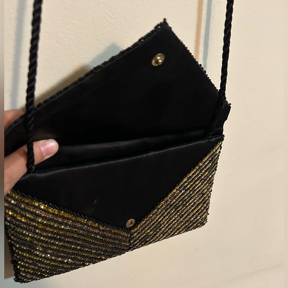 Sequined Black Satin Envelope Clutch w. Strap Evening Bag Purse Fashion Imports - Picture 3 of 5